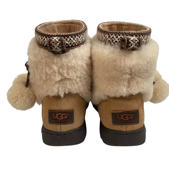 UGG Women's Brie Chestnut Fur Cuff Shearling Pom Pom Winter Boots Size 7 - Picture 6 of 13